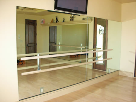 Dance studio Mirrored Wall with cutouts for ballet bars and outlets