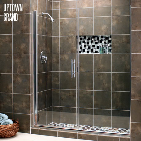 Uptown Grand series with chrome hardware and clear glass. frameless shower